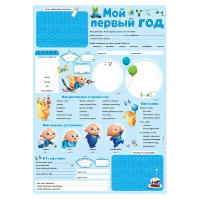 Плакат для новорожденного с наклейками "Мой первый год", голубой
